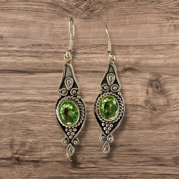 Green Amethyst and 925 Sterling Silver Dangle Drop Earrings - Picture 4 of 6